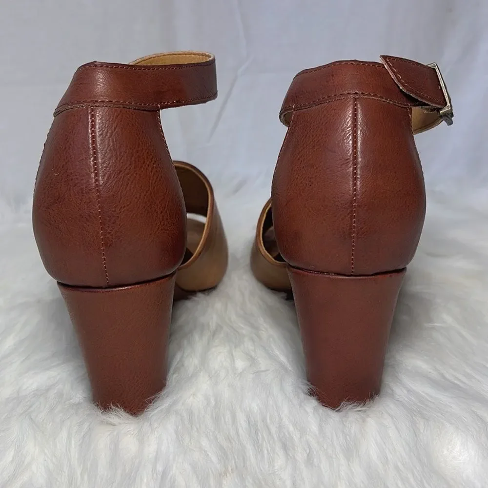 Born Comfort Tan Leather Wedge Ankle Strap Shoes Sz‎ 10